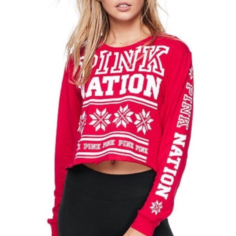 PINK Victoria’s Secret Red Christmas Cropped Tee✨ - Picture 1 of 1